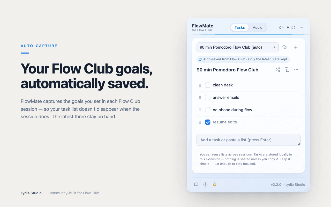 FlowMate for Flow Club — session goals captured automatically