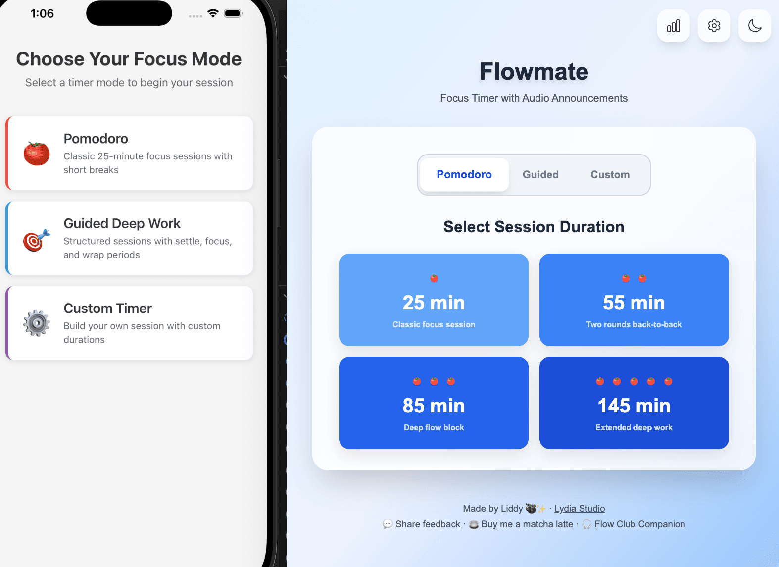 FlowMate focus timer interface