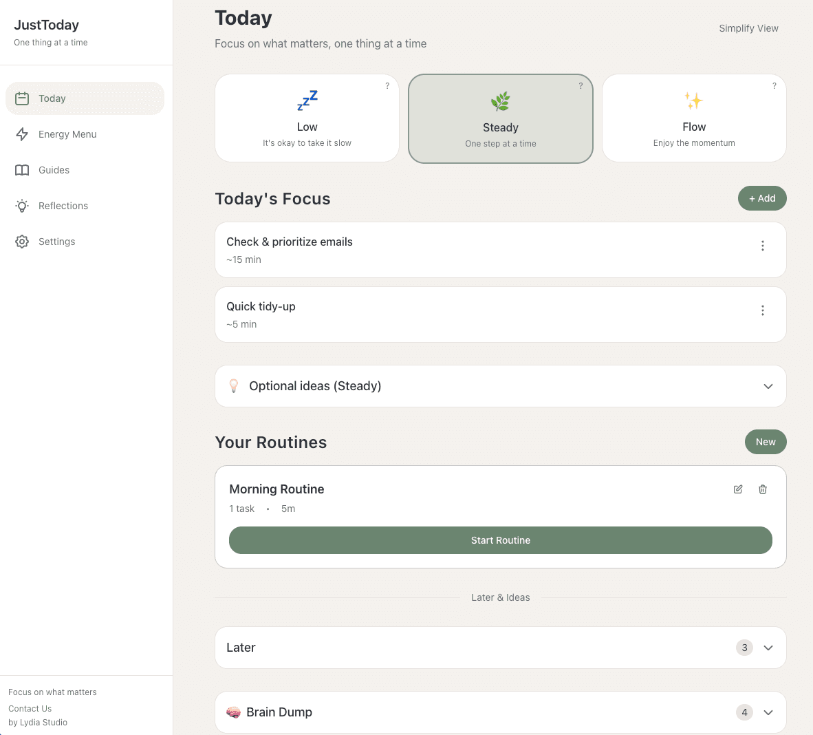 JustToday interface showing energy-aware daily planning